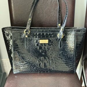 Brahmin Asher Classic Black Leather Tote Bag with Elegant Croc Embossing